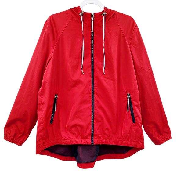 Vintage Tommy Hilfiger Red Packable Hooded Rain Windbreaker Jacket Womens Size L - Picture 1 of 11